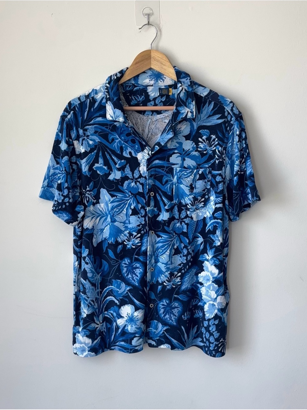 Polo Ralph Lauren Floral Terry Cloth Camp Shirt Size L Blue Tonal AOP Hawaiian